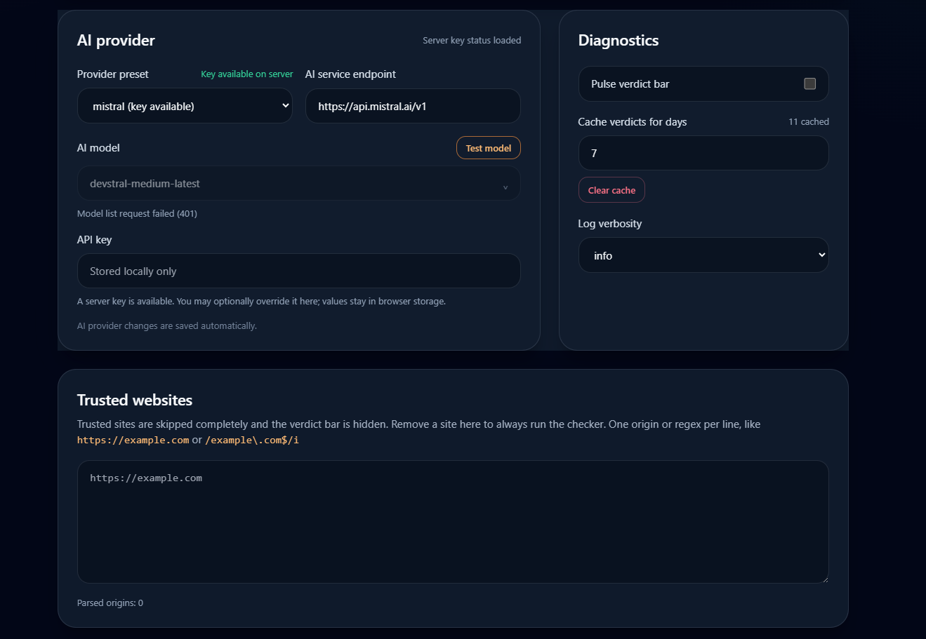 Privacy Verdict settings page